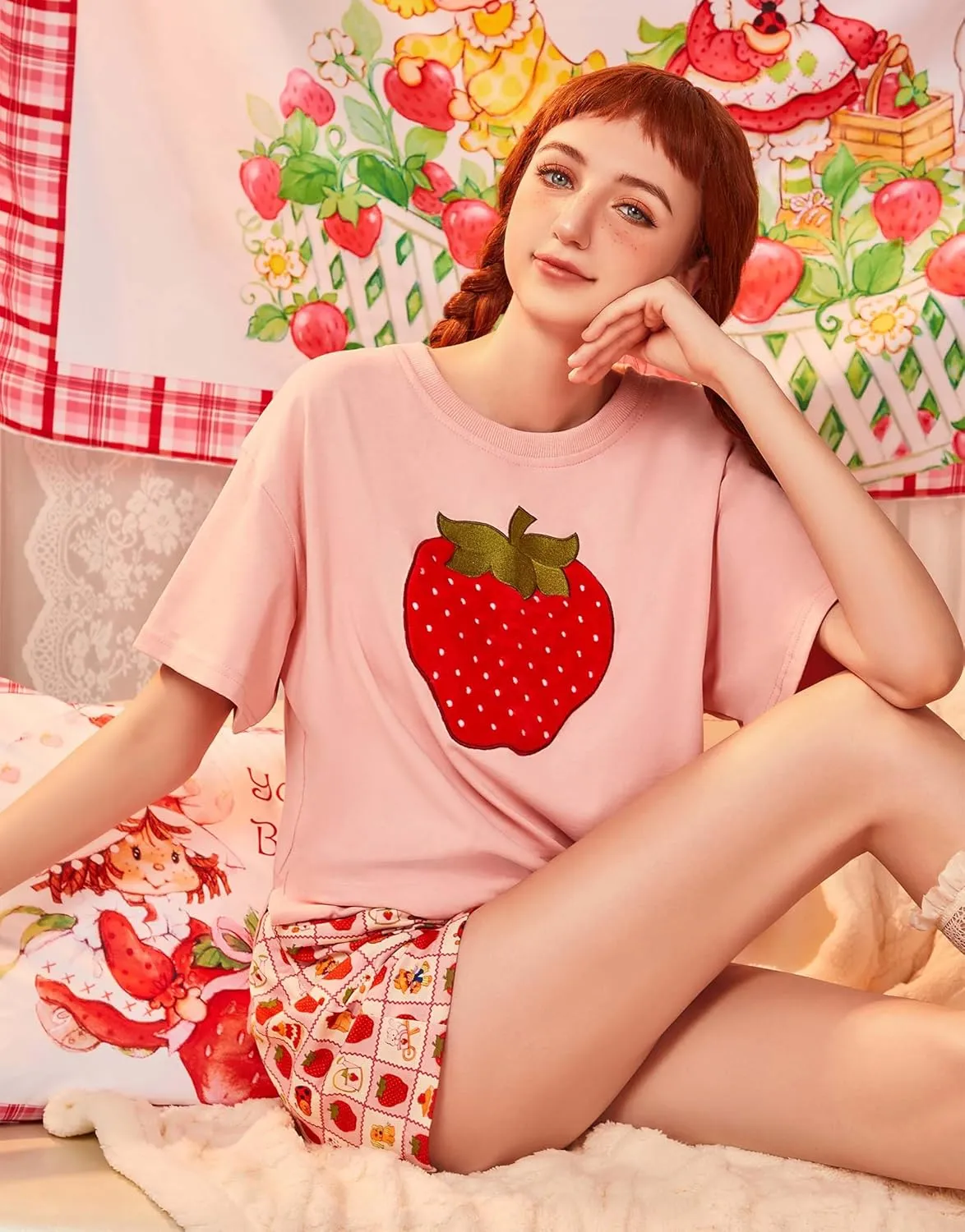 Strawberry Cupcake Womens Pajama Set Cartoon Print Loungewear Set Comfy Short-Sleeve Homewear