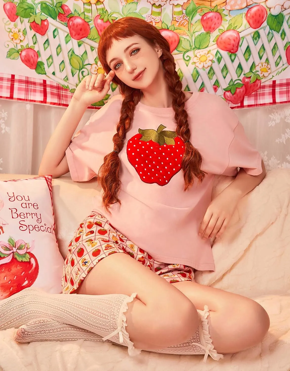 Strawberry Cupcake Womens Pajama Set Cartoon Print Loungewear Set Comfy Short-Sleeve Homewear