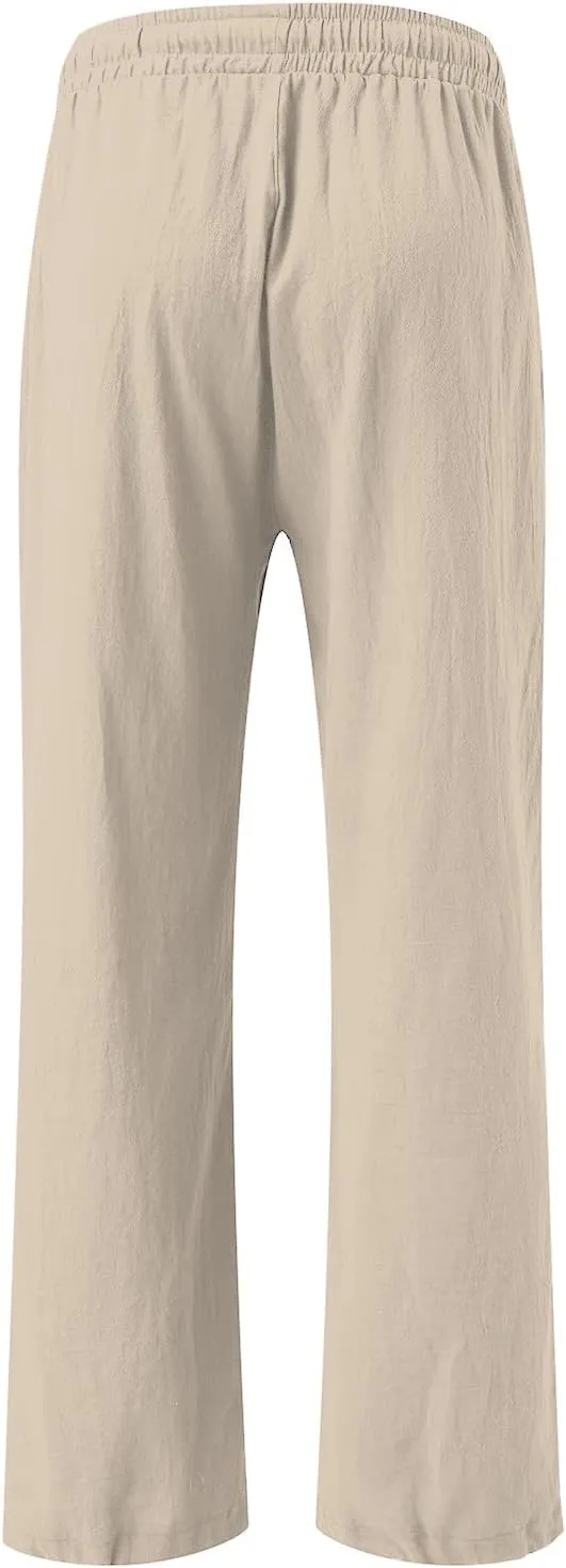 Striped Cotton Linen Cropped Pants Women Womens Wide Leg Linen Palazzo Pants Casual Elastic Waisted Loose Trousers
