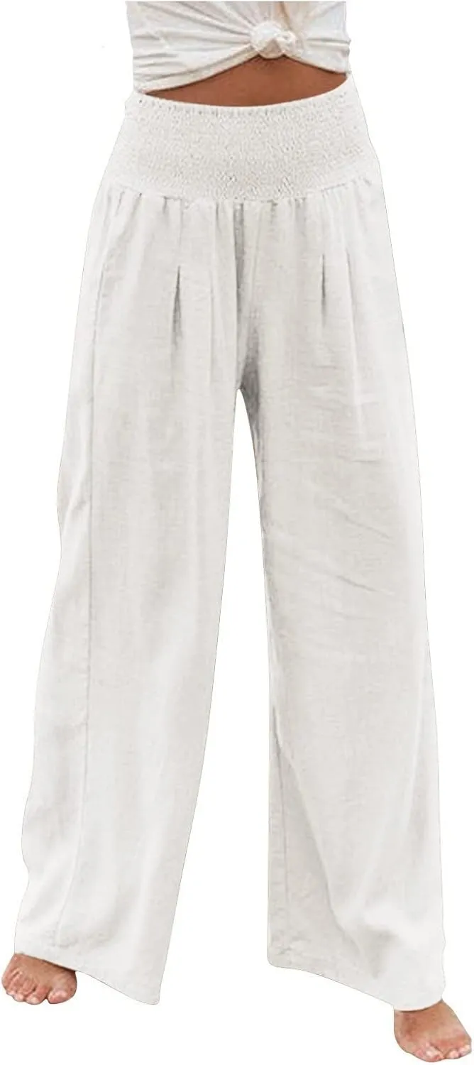 Striped Cotton Linen Cropped Pants Women Womens Wide Leg Linen Palazzo Pants Casual Elastic Waisted Loose Trousers