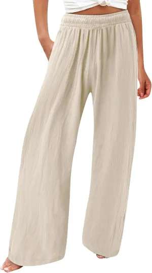 Striped Cotton Linen Cropped Pants Women Womens Wide Leg Linen Palazzo Pants Casual Elastic Waisted Loose Trousers