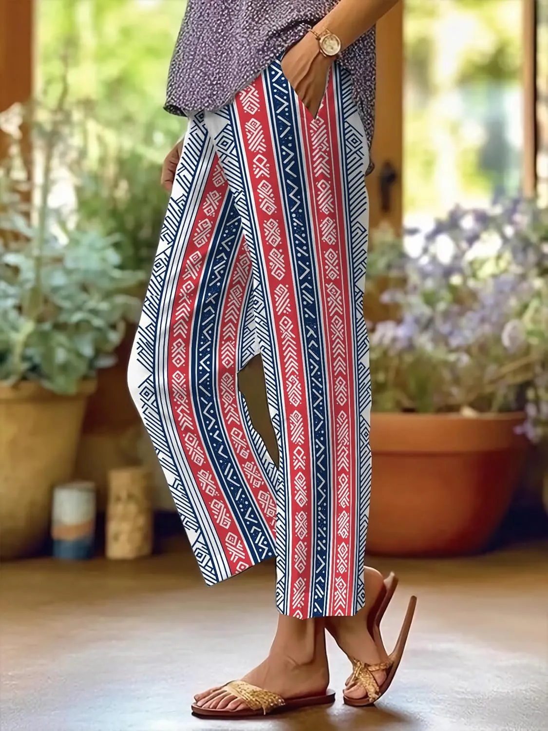 Summer Casual Wide Leg Linen Pants for Women Comfy Baggy Palazzo Pants Boho Floral Print Beach Trousers