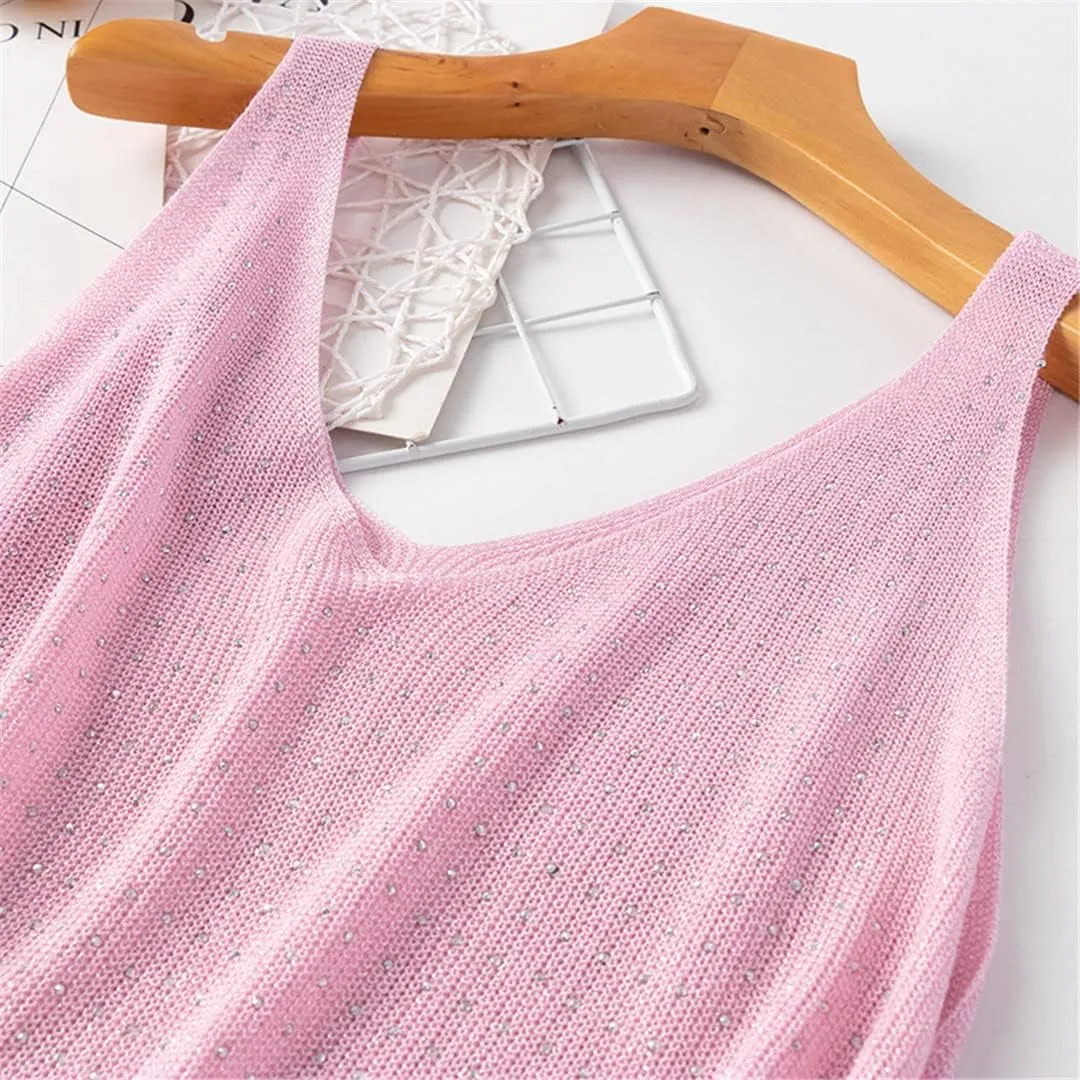 Summer Knitted Tank for Women Sleeveless Bling Diamond Vest White Black Loose Camisole Tops