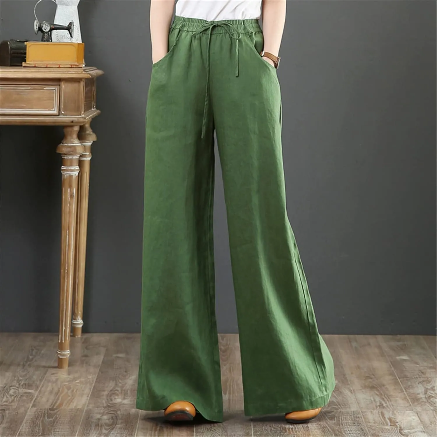 Summer Linen Palazzo Pants for Women Flowy Wide Leg Beach Pants with Pockets High Waisted Loose Baggy Trousers