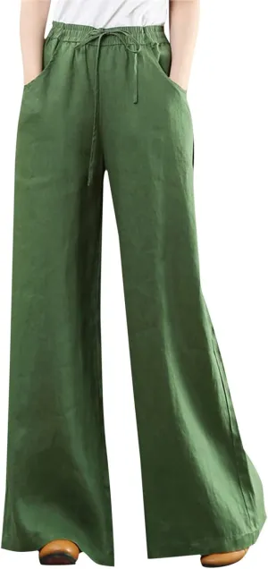 Summer Linen Palazzo Pants for Women Flowy Wide Leg Beach Pants with Pockets High Waisted Loose Baggy Trousers