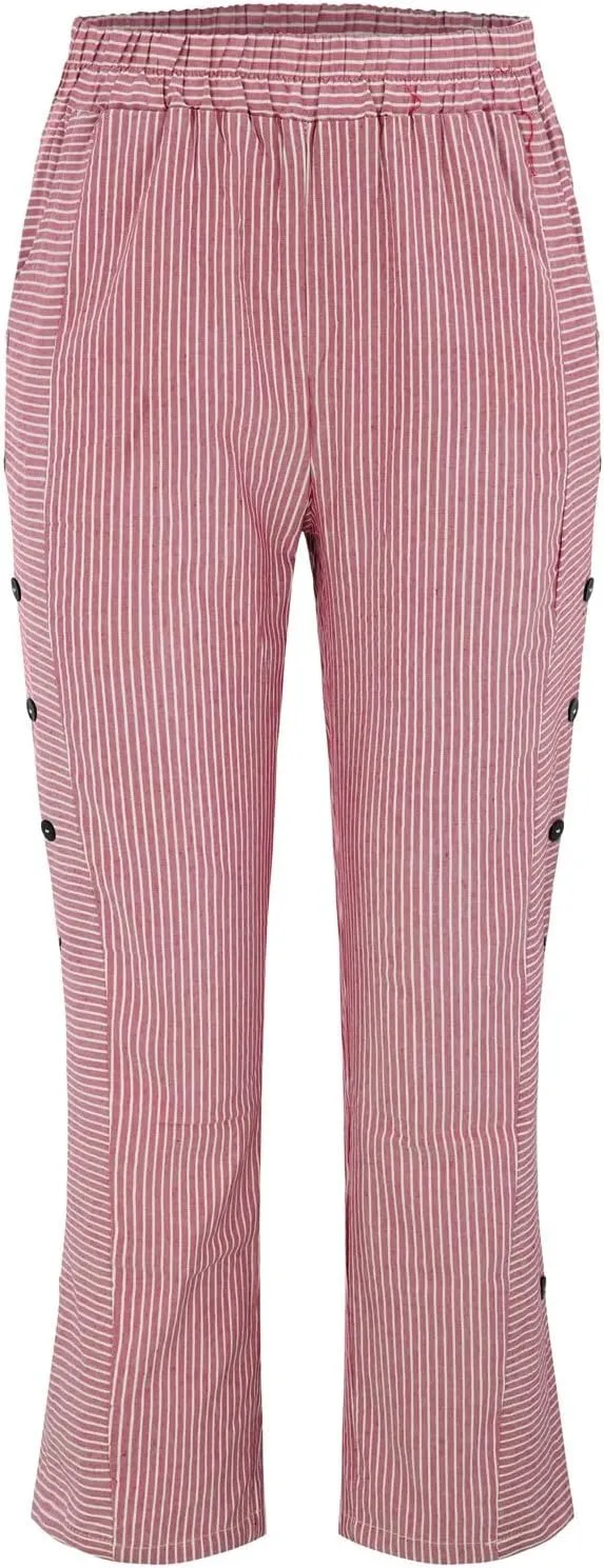 Summer Linen Pants for Women Striped Printed Side Button Pants Baggy Elastic Waist Straight Leg Beach Trousers