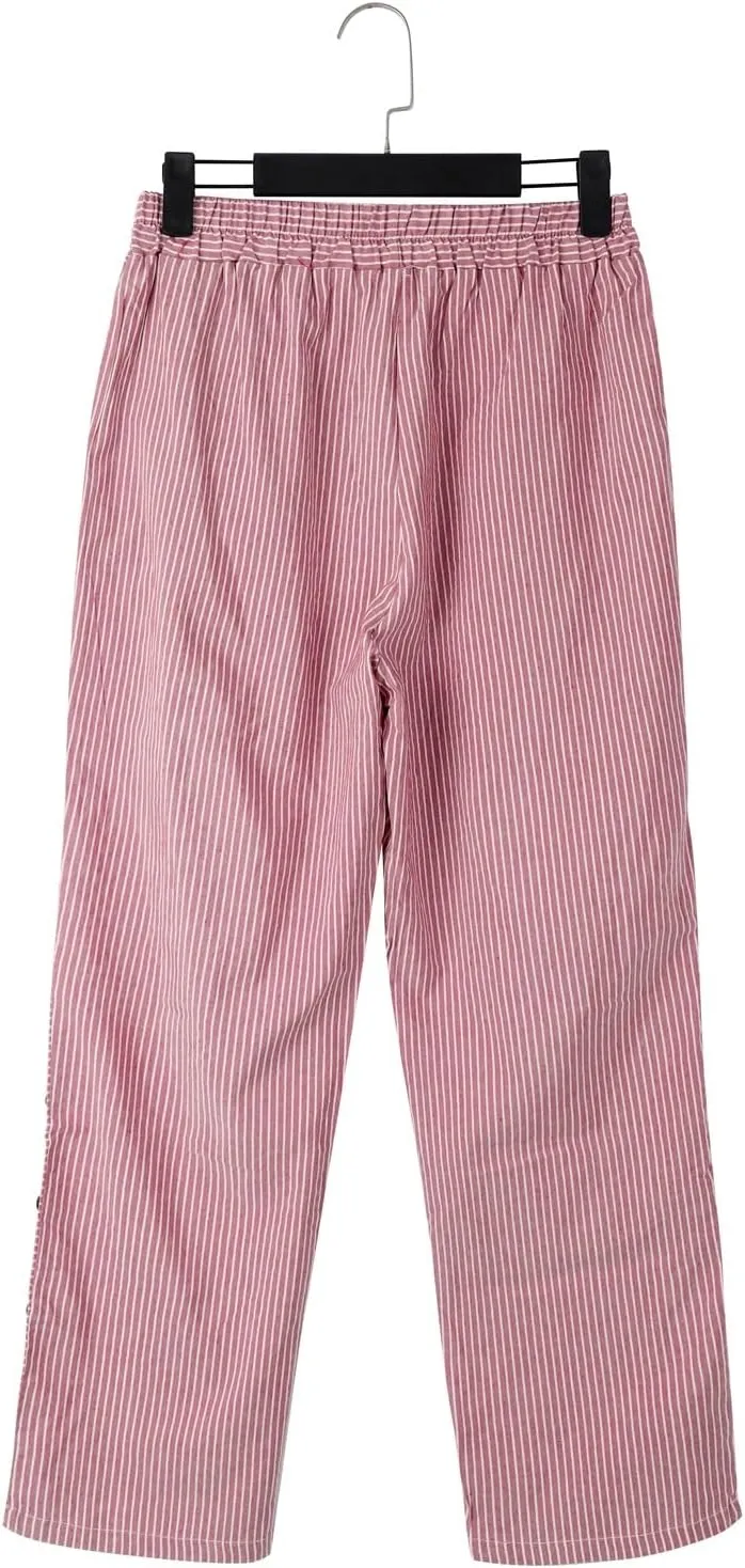 Summer Linen Pants for Women Striped Printed Side Button Pants Baggy Elastic Waist Straight Leg Beach Trousers