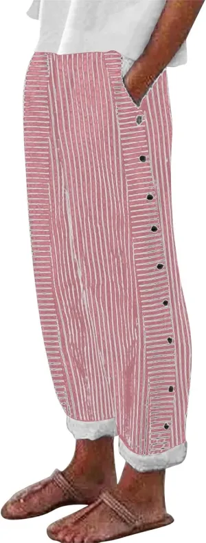 Summer Linen Pants for Women Striped Printed Side Button Pants Baggy Elastic Waist Straight Leg Beach Trousers