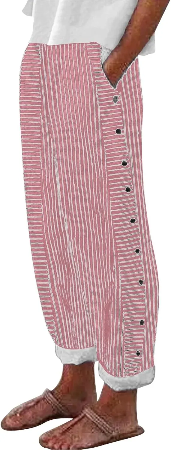 Summer Linen Pants for Women Striped Printed Side Button Pants Baggy Elastic Waist Straight Leg Beach Trousers