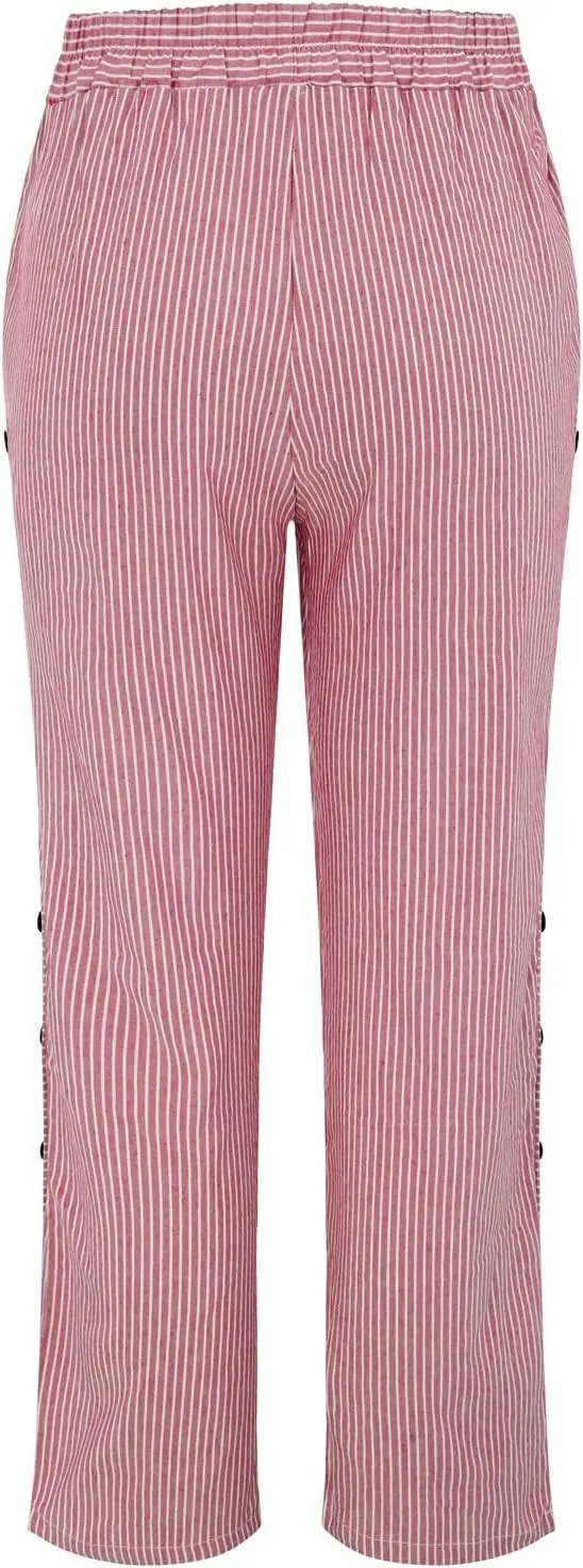Summer Linen Pants for Women Striped Printed Side Button Pants Baggy Elastic Waist Straight Leg Beach Trousers