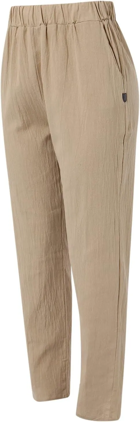 Summer Pants for Women 2024 Plus Size Linen Cotton Solid Lightweight Elastic Waist Casual Loose Comfy Trousers with Pockets