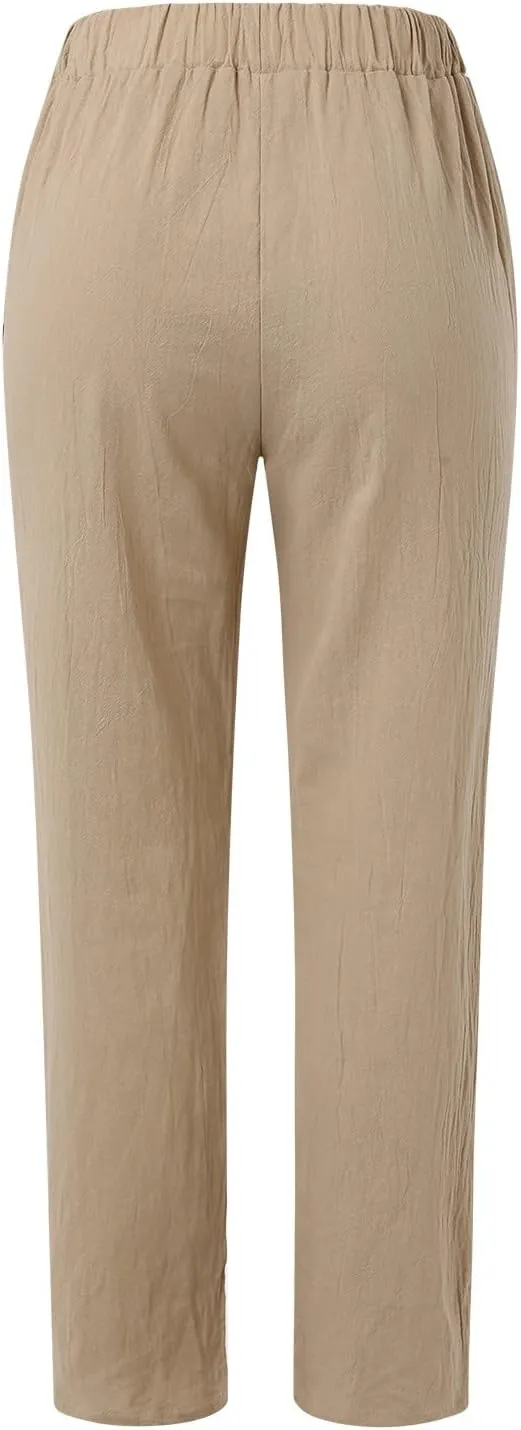 Summer Pants for Women 2024 Plus Size Linen Cotton Solid Lightweight Elastic Waist Casual Loose Comfy Trousers with Pockets