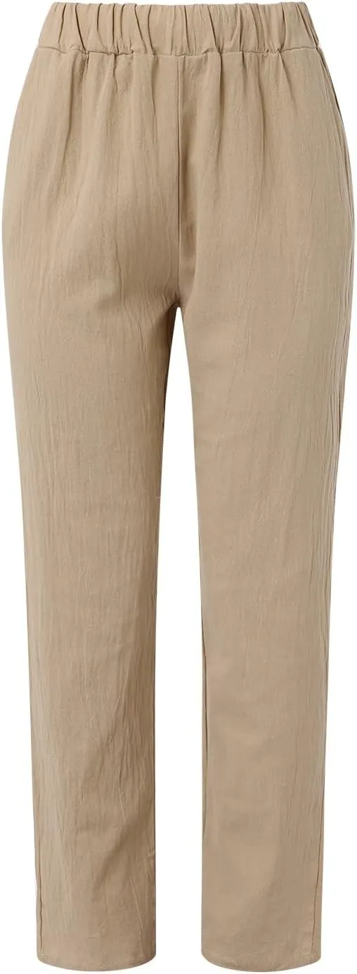 Summer Pants for Women 2024 Plus Size Linen Cotton Solid Lightweight Elastic Waist Casual Loose Comfy Trousers with Pockets