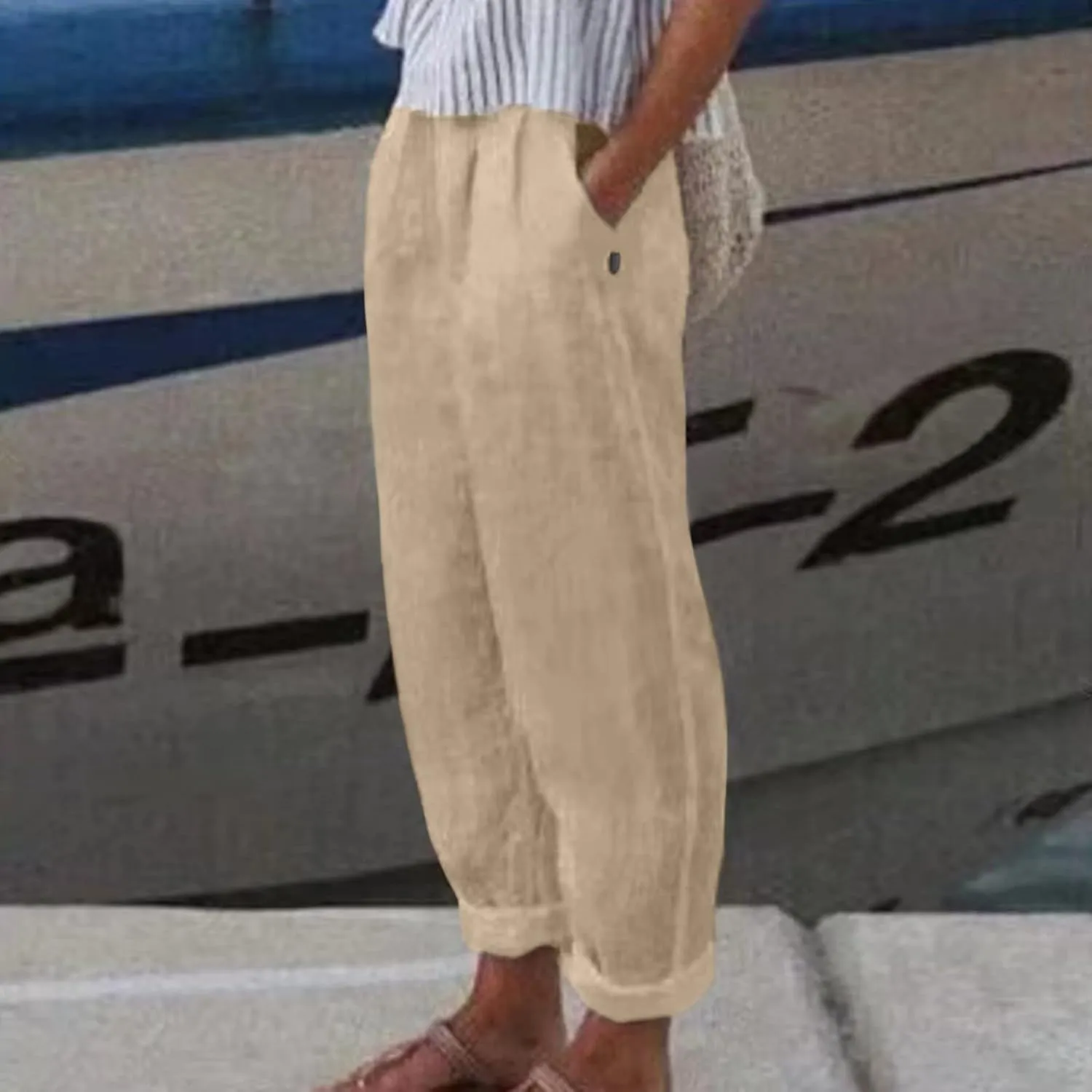 Summer Pants for Women 2024 Plus Size Linen Cotton Solid Lightweight Elastic Waist Casual Loose Comfy Trousers with Pockets