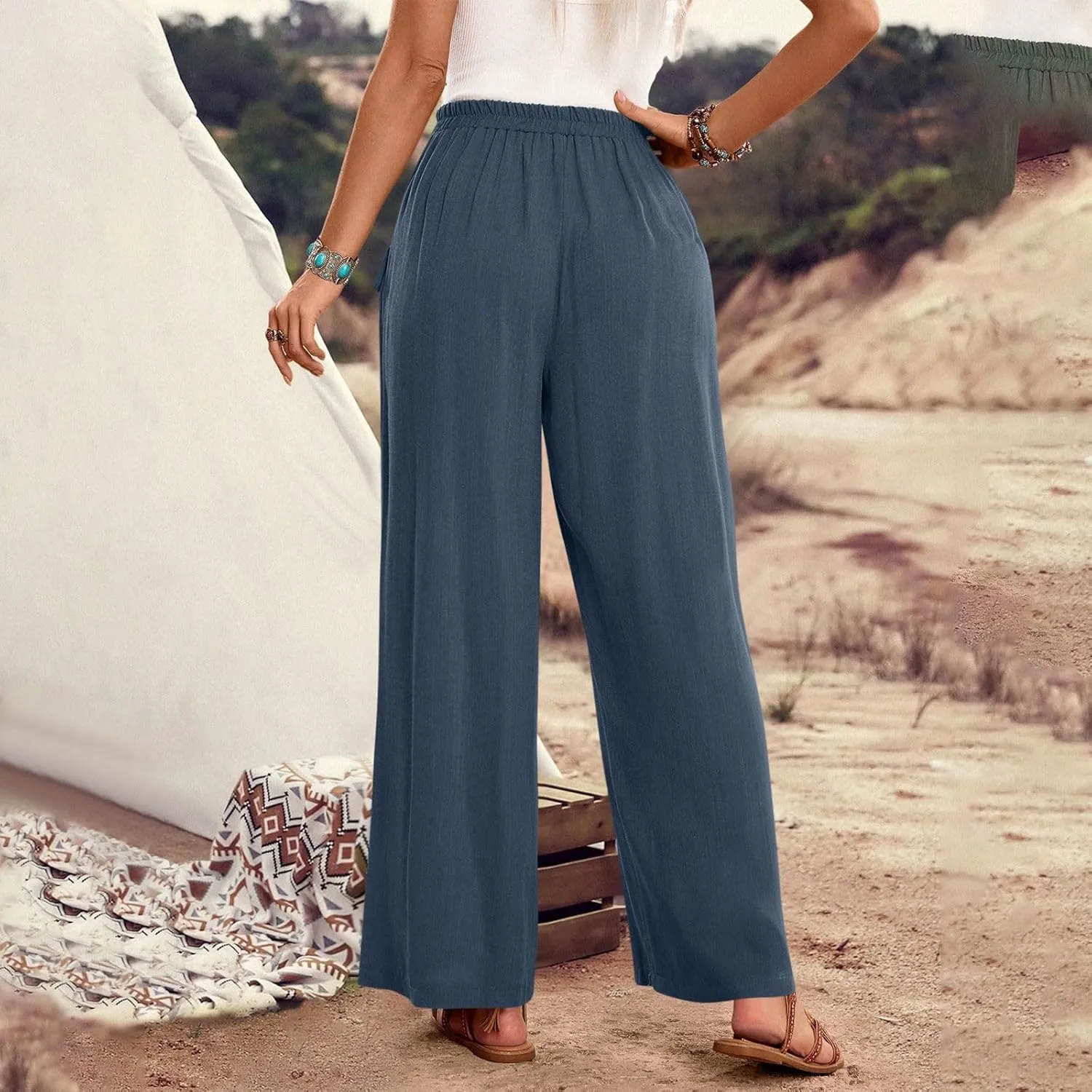 Summer Pants for Women Casual Loose Fit Linen Cropped Capri Pants 2025 Lightweight Drawstring Waist Trousers