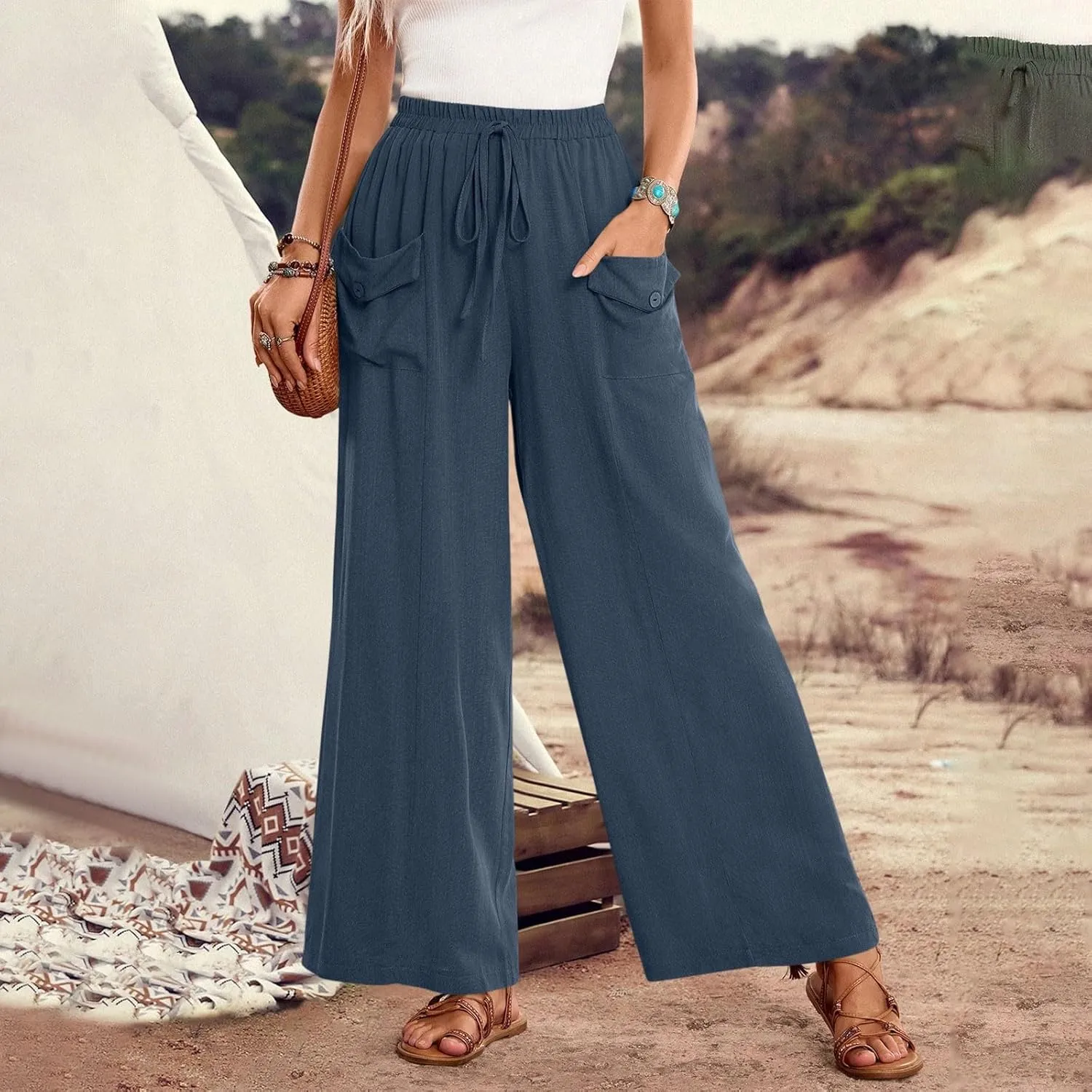 Summer Pants for Women Casual Loose Fit Linen Cropped Capri Pants 2025 Lightweight Drawstring Waist Trousers