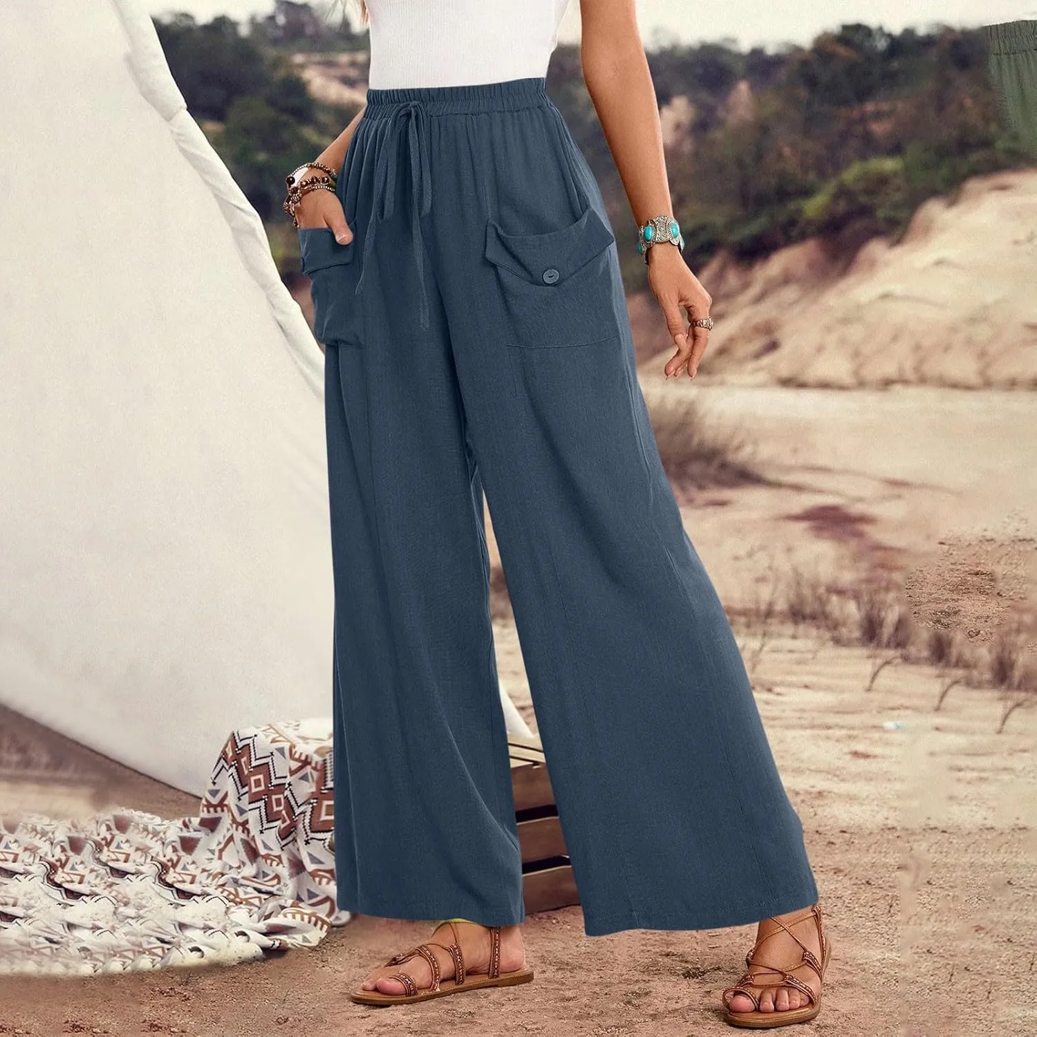 Summer Pants for Women Casual Loose Fit Linen Cropped Capri Pants 2025 Lightweight Drawstring Waist Trousers