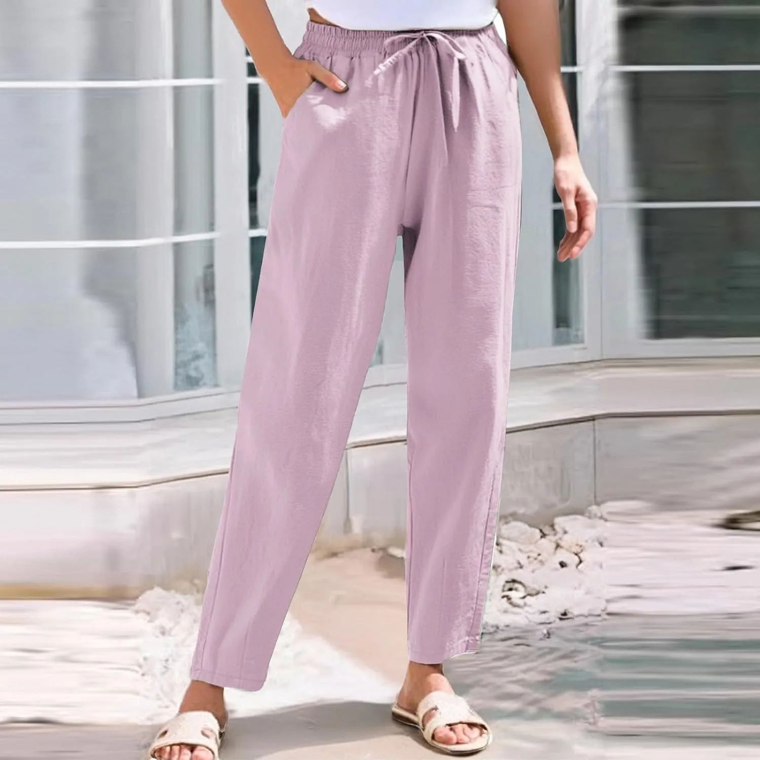 Summer Pants Women, Cotton Peasant Pants Straight Leg Casual Linen Plaid Drawstring
