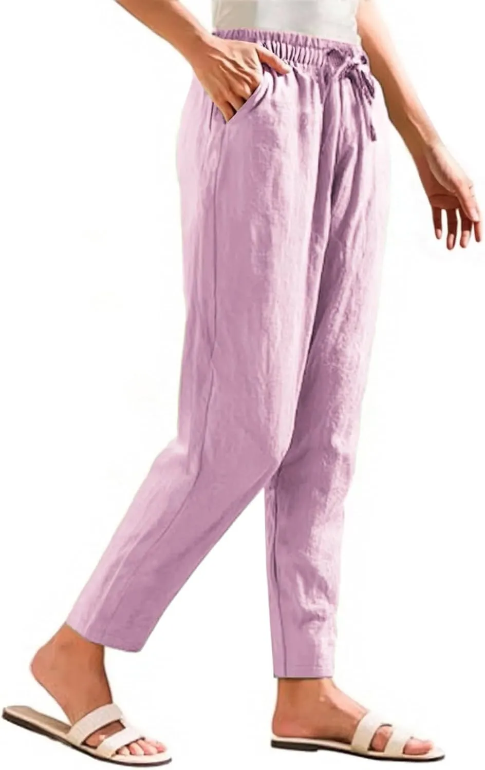 Summer Pants Women, Cotton Peasant Pants Straight Leg Casual Linen Plaid Drawstring