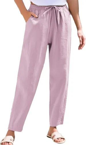 Summer Pants Women, Cotton Peasant Pants Straight Leg Casual Linen Plaid Drawstring
