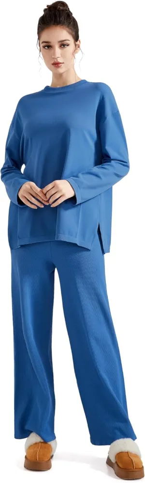 SUUKSESS Women Lounge Sets 2 Piece Pajamas Sets Long Sleeve Tops Wide Leg Pants(Sky Blue, M)