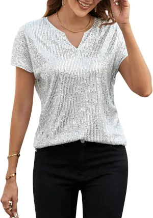 SweatyRocks Women's Full Sequin Tops Short Sleeve Glitter Party Shirt Notched Neck Sparkle Blouse