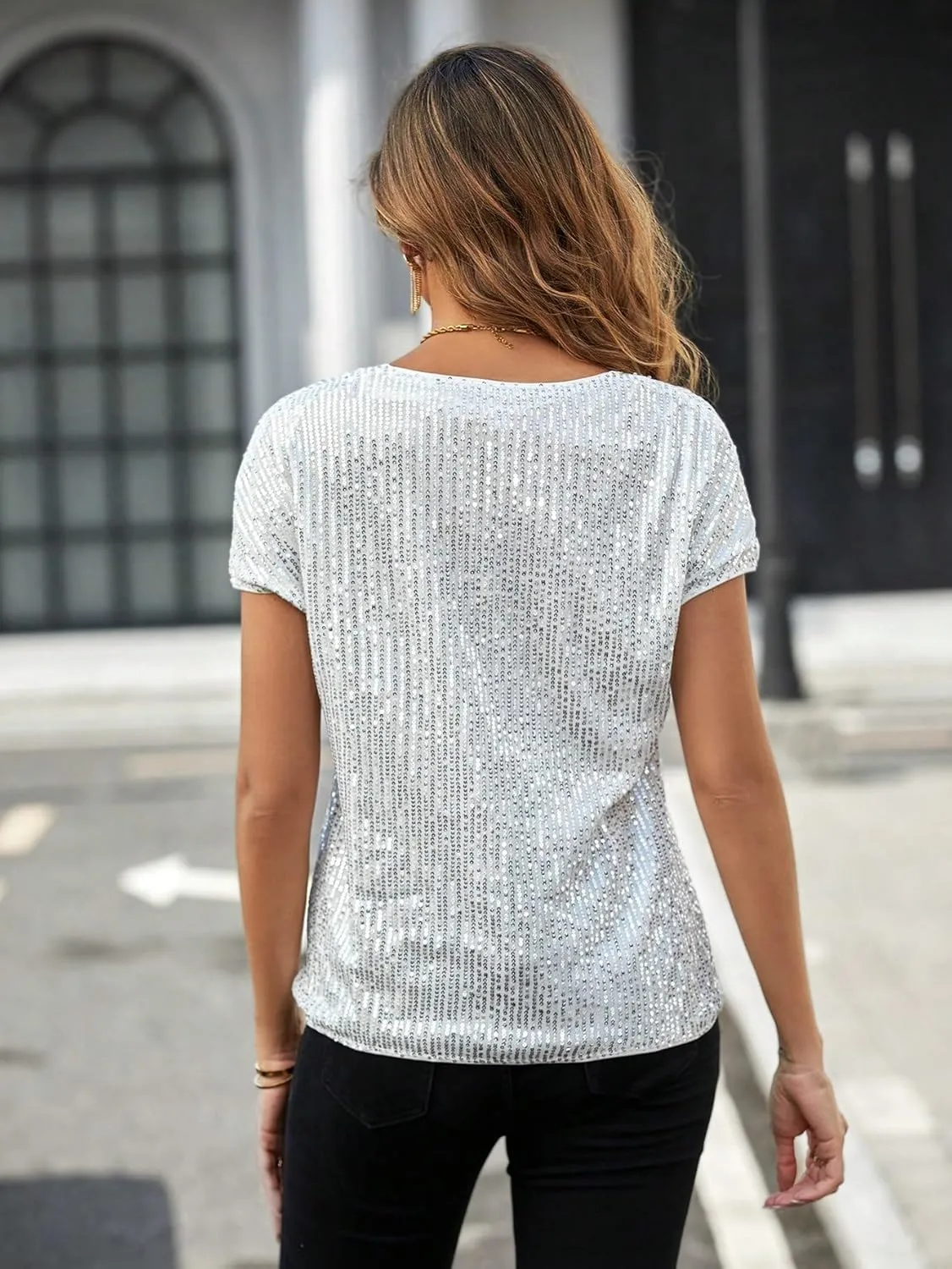 SweatyRocks Women's Full Sequin Tops Short Sleeve Glitter Party Shirt Notched Neck Sparkle Blouse