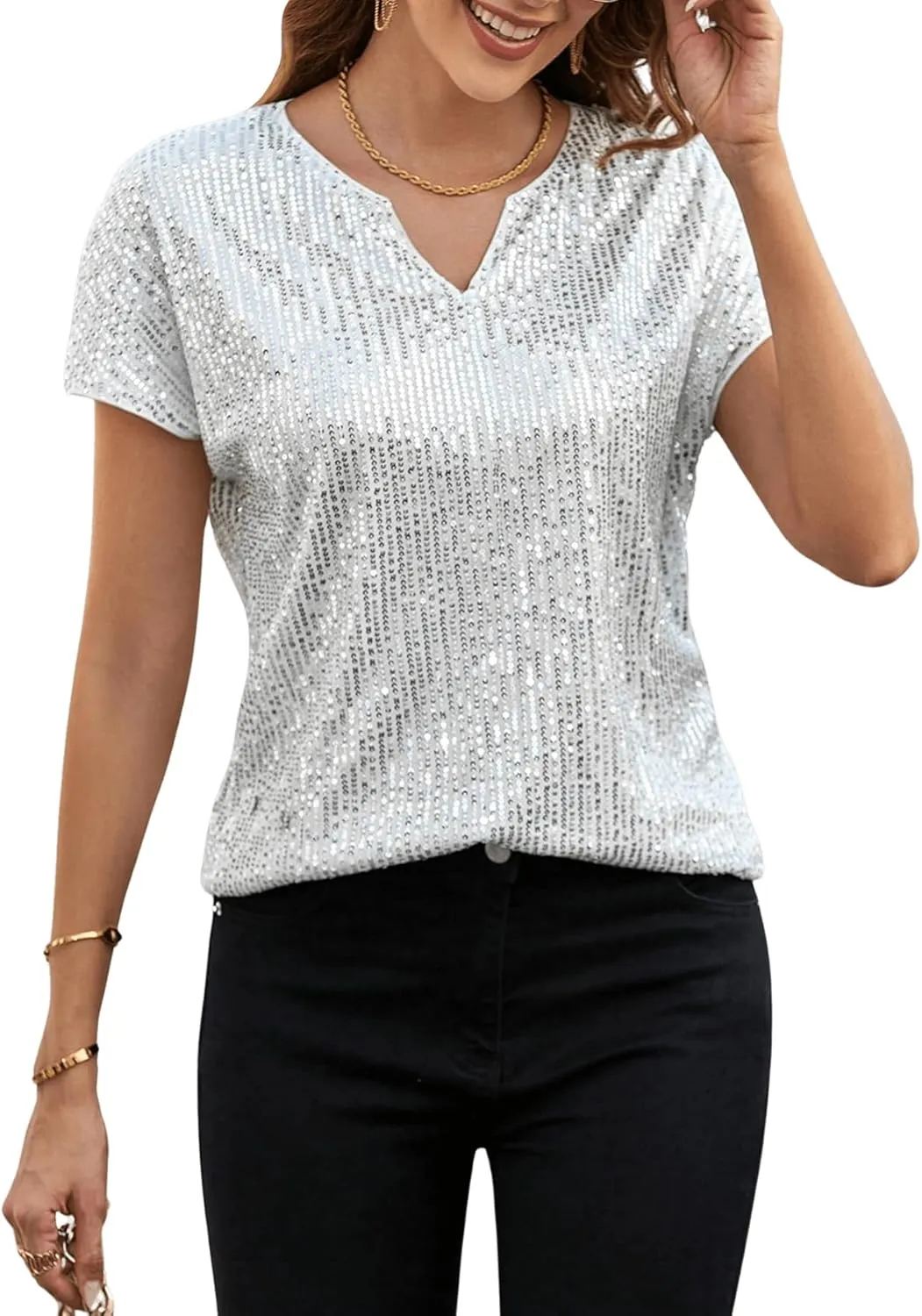 SweatyRocks Women's Full Sequin Tops Short Sleeve Glitter Party Shirt Notched Neck Sparkle Blouse