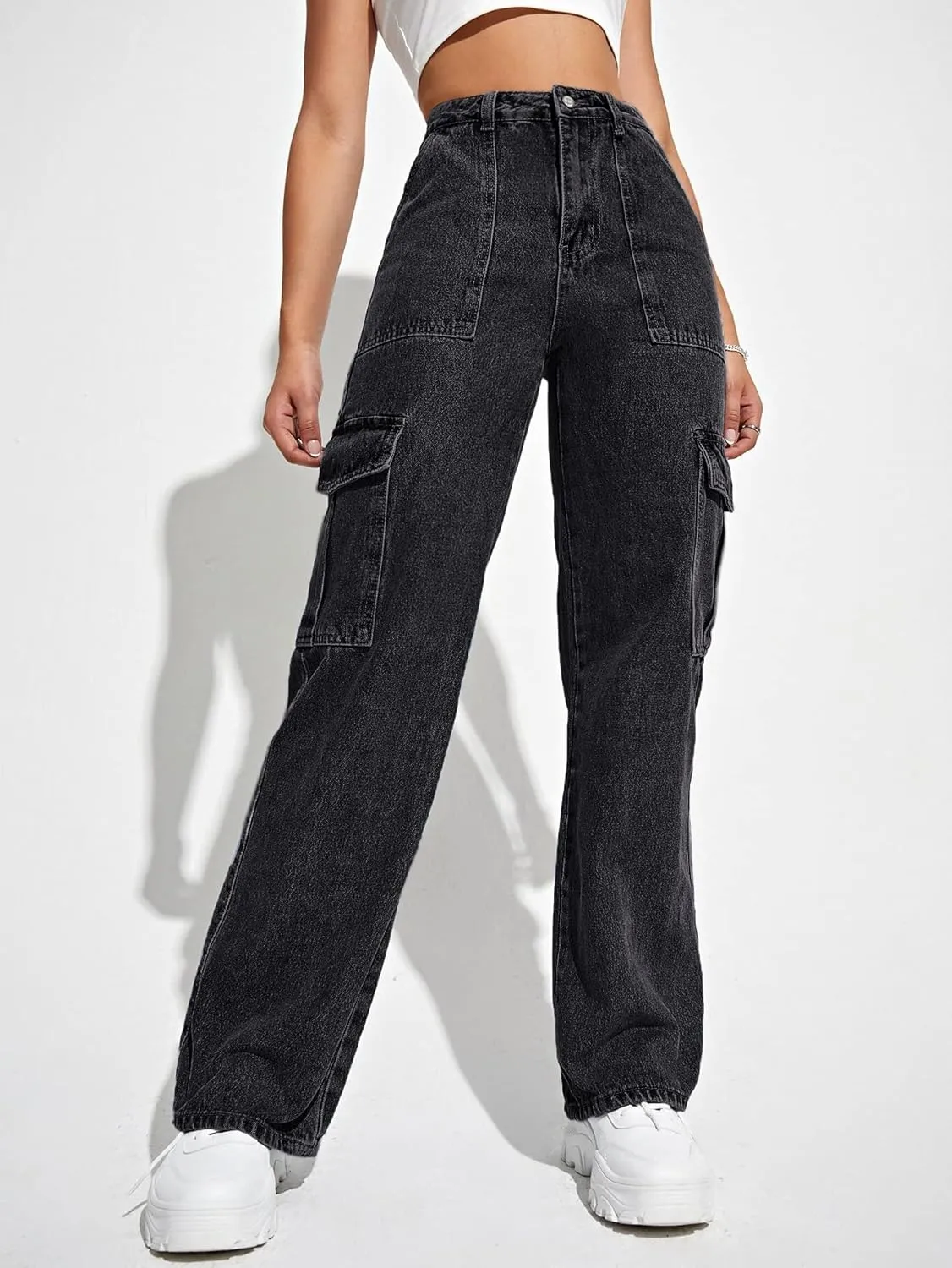 SweatyRocks Women's High Waist Cargo Jeans Flap Pocket Wide Leg Denim Pants