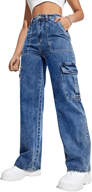 SweatyRocks Women's High Waist Cargo Jeans Flap Pocket Wide Leg Denim Pants