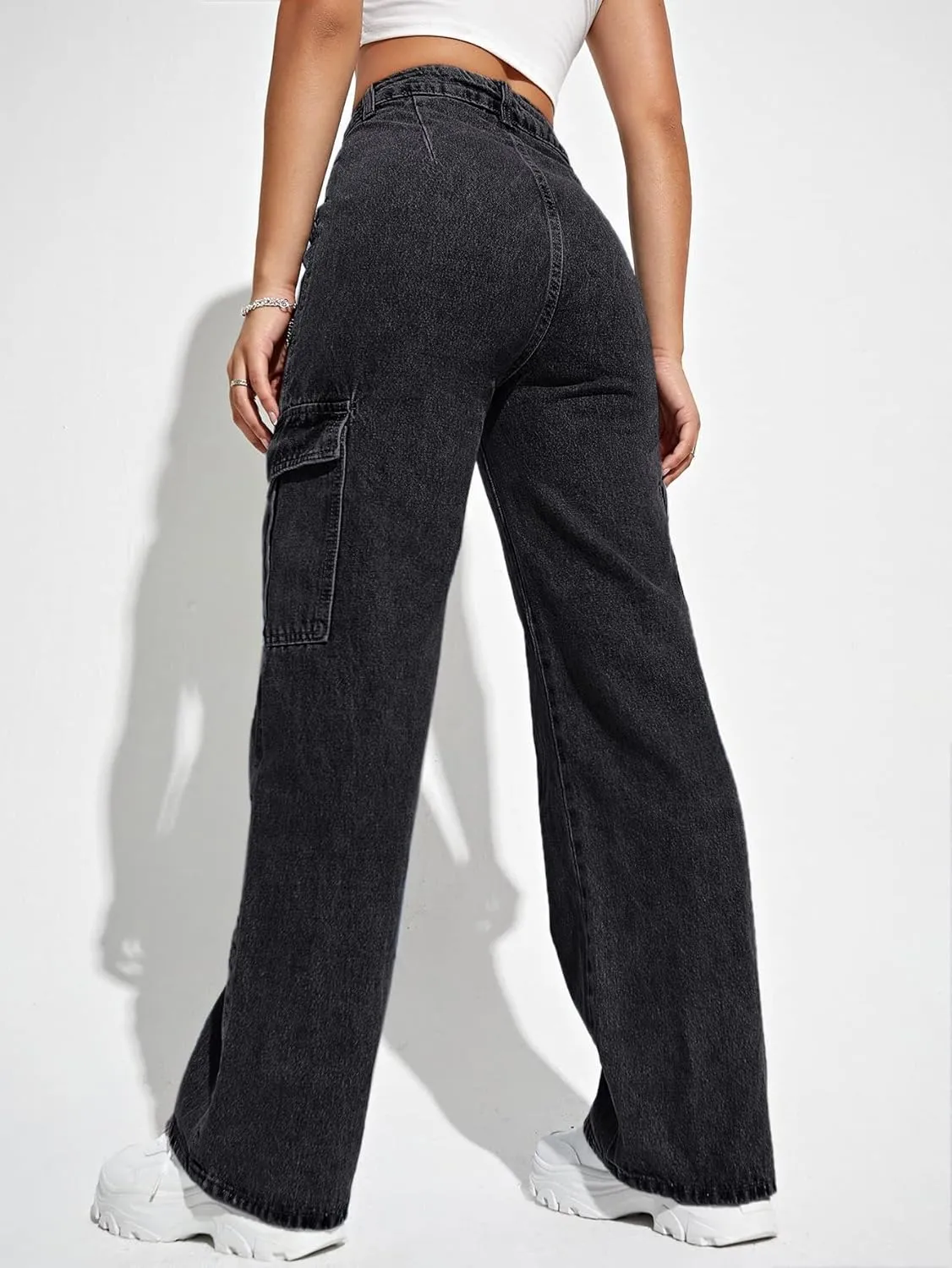 SweatyRocks Women's High Waist Cargo Jeans Flap Pocket Wide Leg Denim Pants