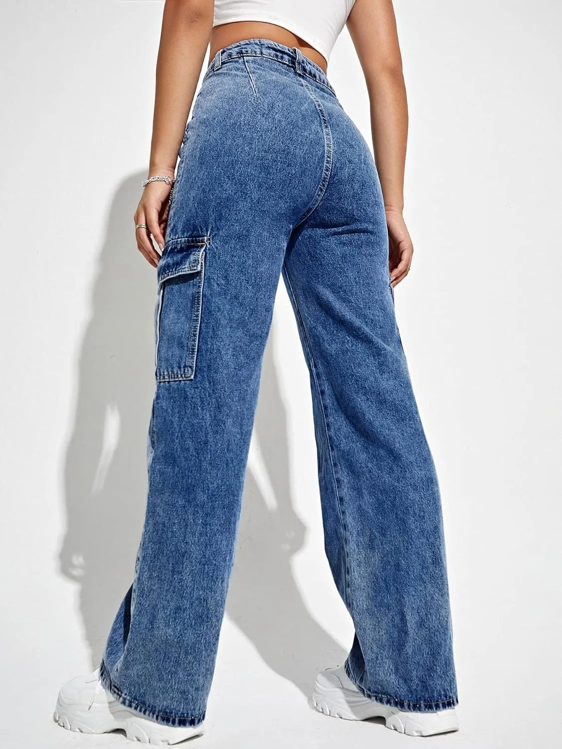 SweatyRocks Women's High Waist Cargo Jeans Flap Pocket Wide Leg Denim Pants