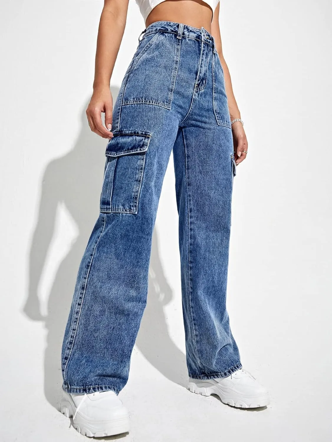 SweatyRocks Women's High Waist Cargo Jeans Flap Pocket Wide Leg Denim Pants
