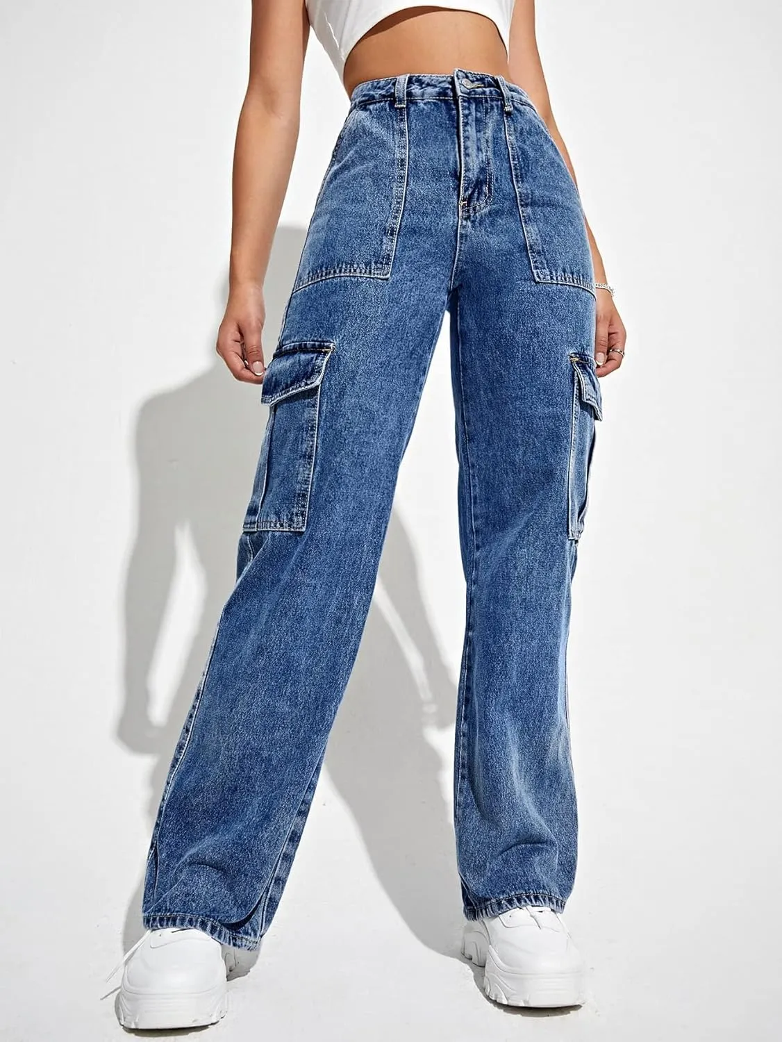 SweatyRocks Women's High Waist Cargo Jeans Flap Pocket Wide Leg Denim Pants