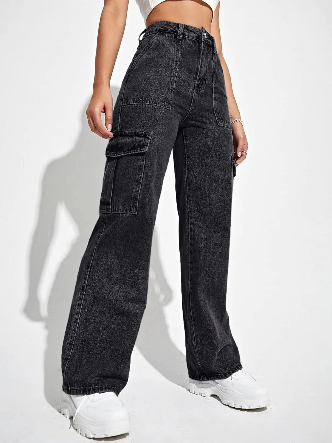 SweatyRocks Women's High Waist Cargo Jeans Flap Pocket Wide Leg Denim Pants