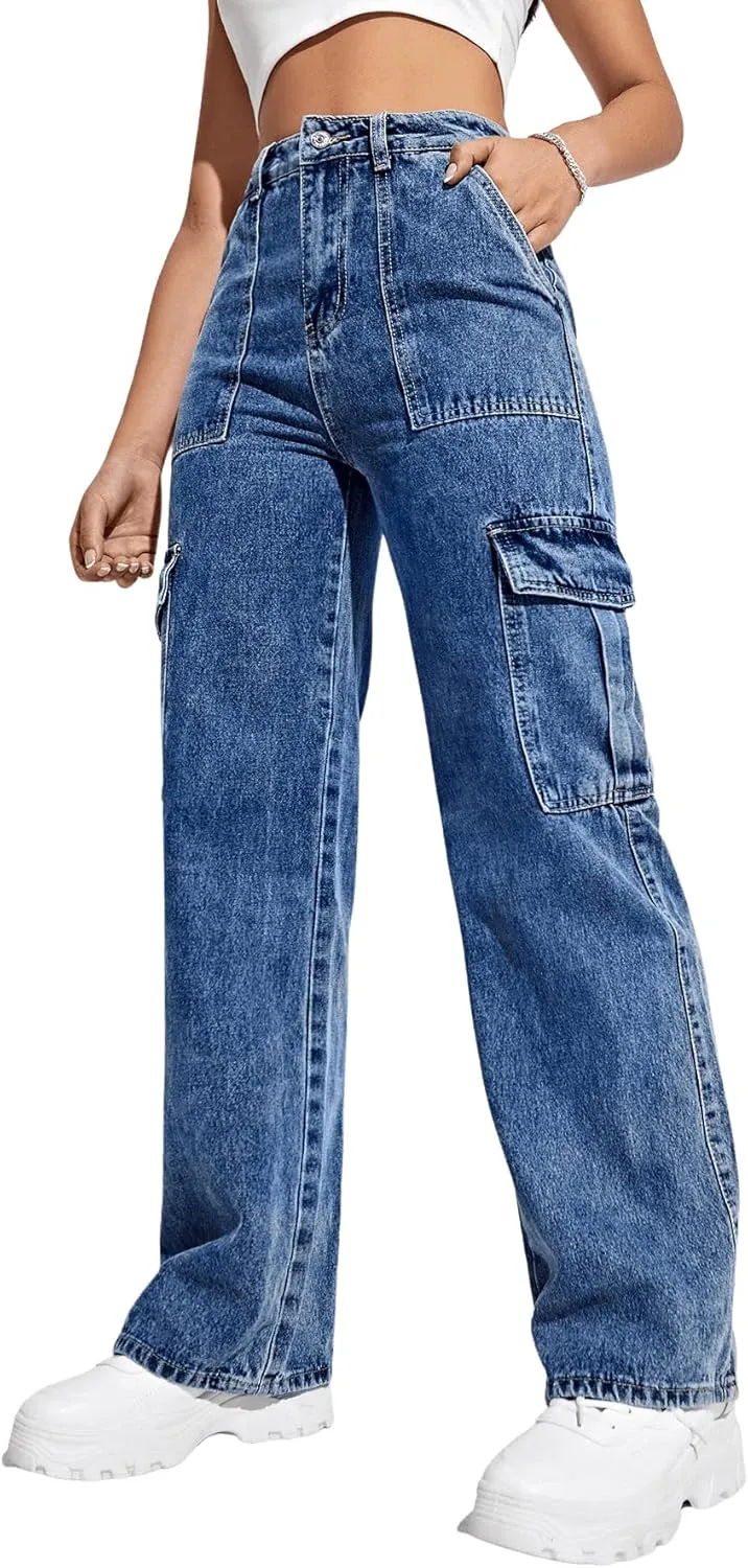 SweatyRocks Women's High Waist Cargo Jeans Flap Pocket Wide Leg Denim Pants
