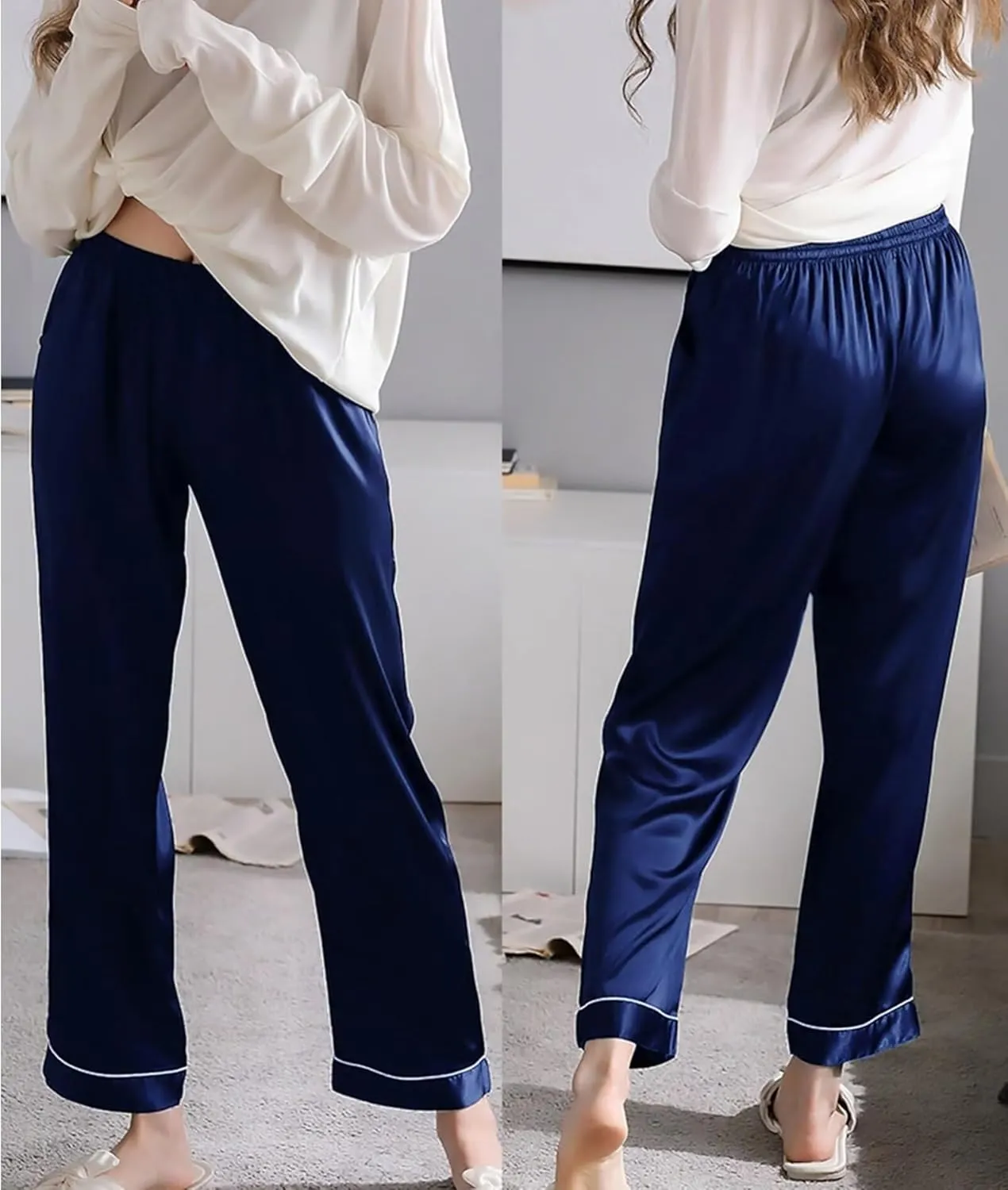 SWOMOG Women's Silk Satin Pants Wide Leg Pajama Bottoms Palazzo Lounge Pants Casual Loose Trousers Pj with Pockets