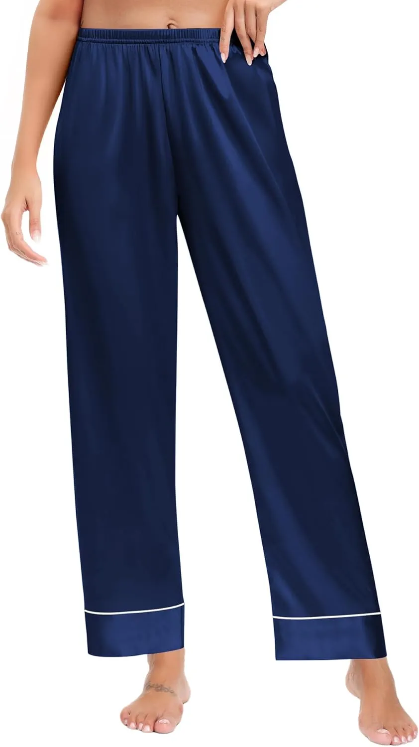 SWOMOG Women's Silk Satin Pants Wide Leg Pajama Bottoms Palazzo Lounge Pants Casual Loose Trousers Pj with Pockets