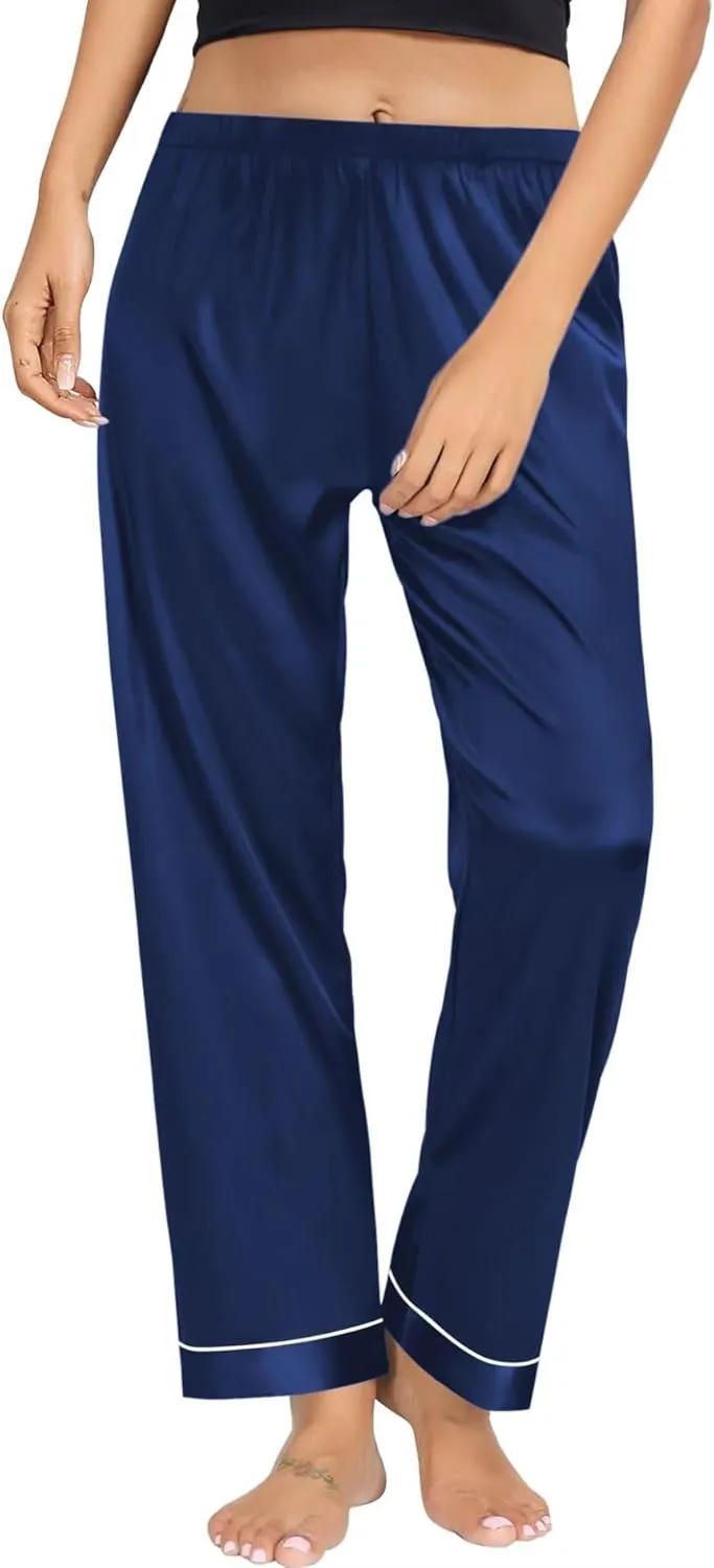 SWOMOG Women's Silk Satin Pants Wide Leg Pajama Bottoms Palazzo Lounge Pants Casual Loose Trousers Pj with Pockets