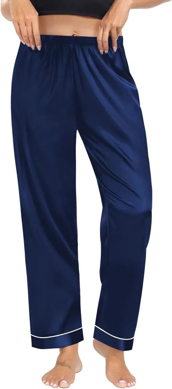 SWOMOG Women's Silk Satin Pants Wide Leg Pajama Bottoms Palazzo Lounge Pants Casual Loose Trousers Pj with Pockets