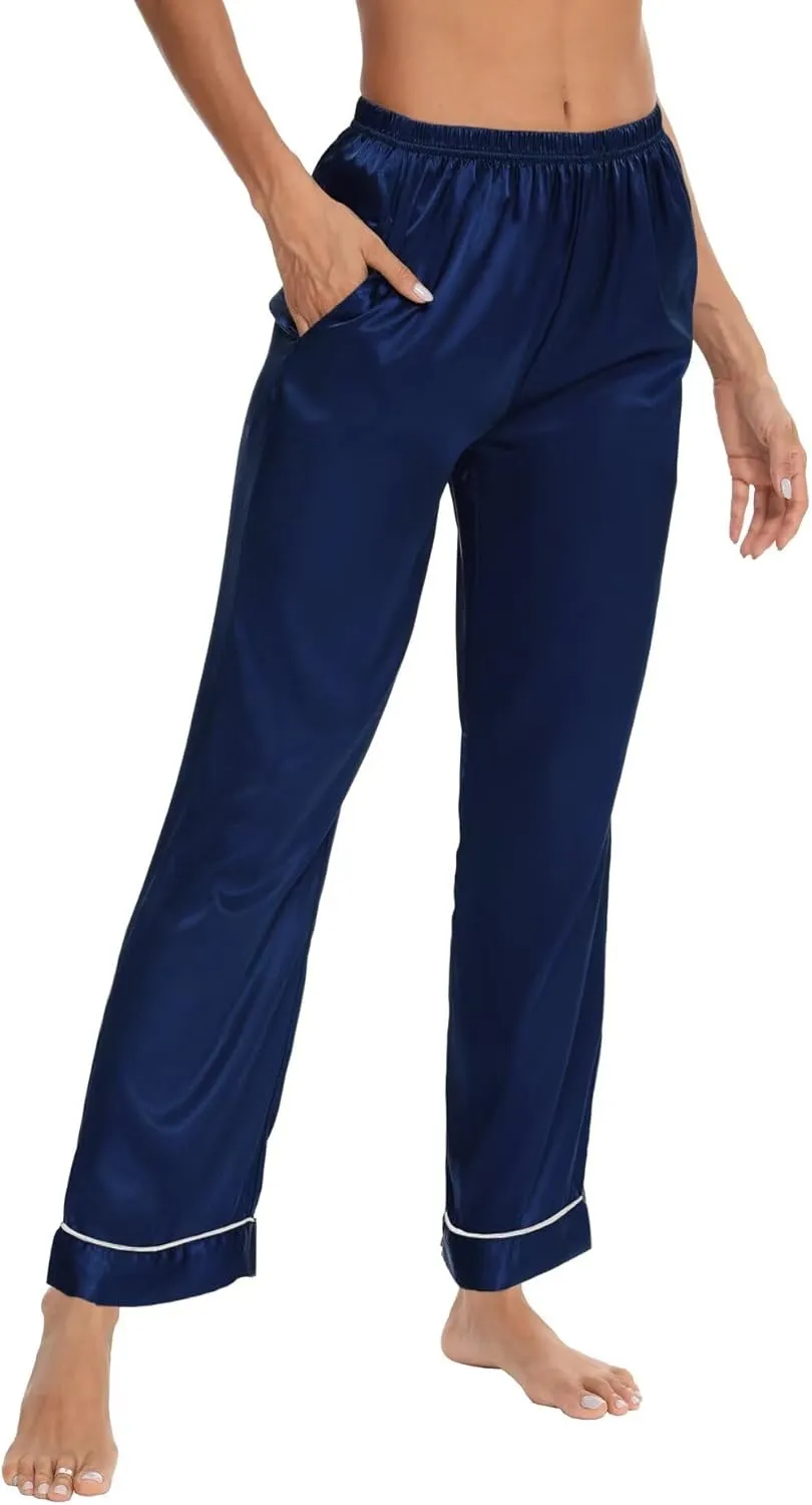 SWOMOG Women's Silk Satin Pants Wide Leg Pajama Bottoms Palazzo Lounge Pants Casual Loose Trousers Pj with Pockets
