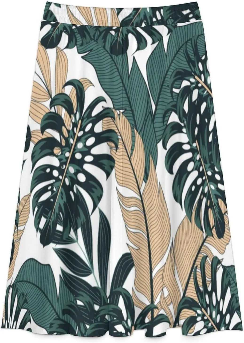TAIZIYEAH Women's Midi Skirts High Waisted Pleated A-Line Skirts Tropical Plants Long Skirt