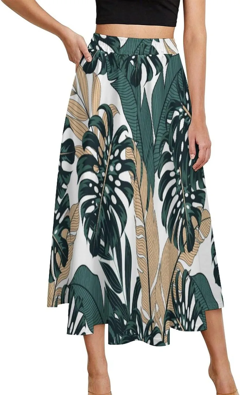 TAIZIYEAH Women's Midi Skirts High Waisted Pleated A-Line Skirts Tropical Plants Long Skirt
