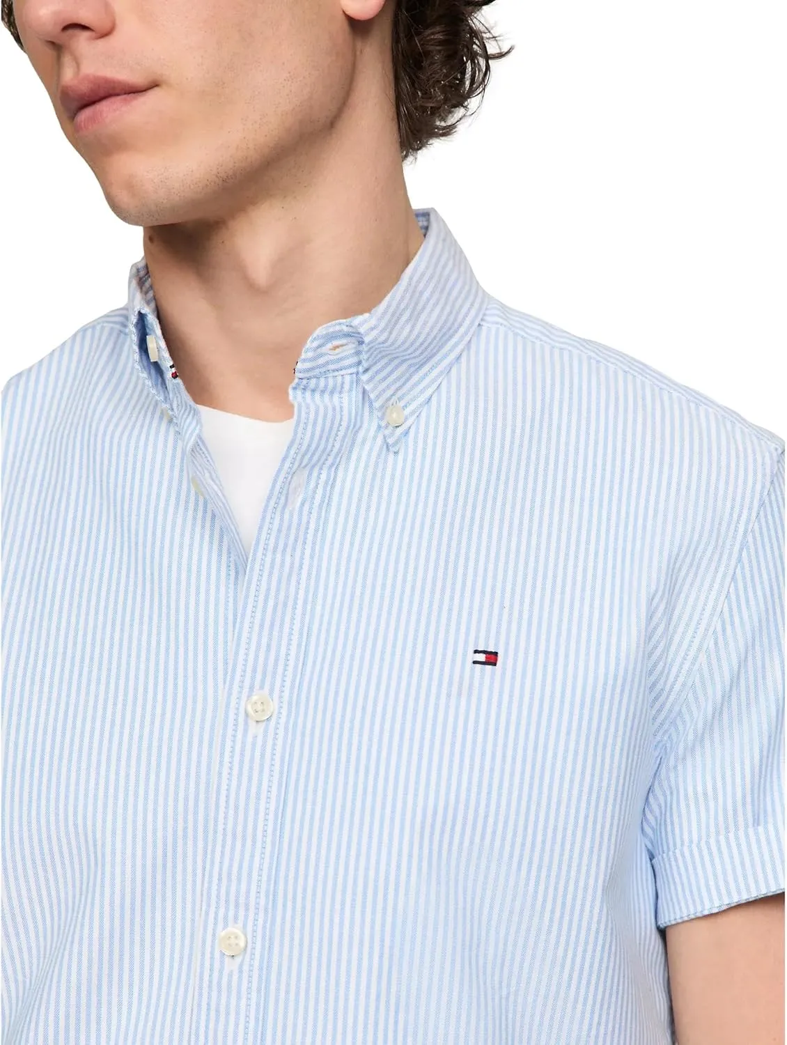 Tommy Hilfiger Men's Short Sleeve Regular Fit Stretch Oxford Shirt Collection 2024, Small, White