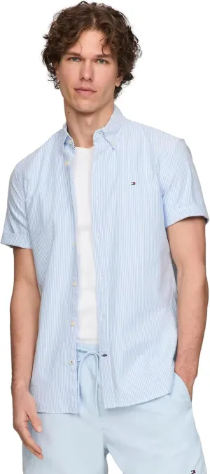 Tommy Hilfiger Men's Short Sleeve Regular Fit Stretch Oxford Shirt Collection 2024, Small, White
