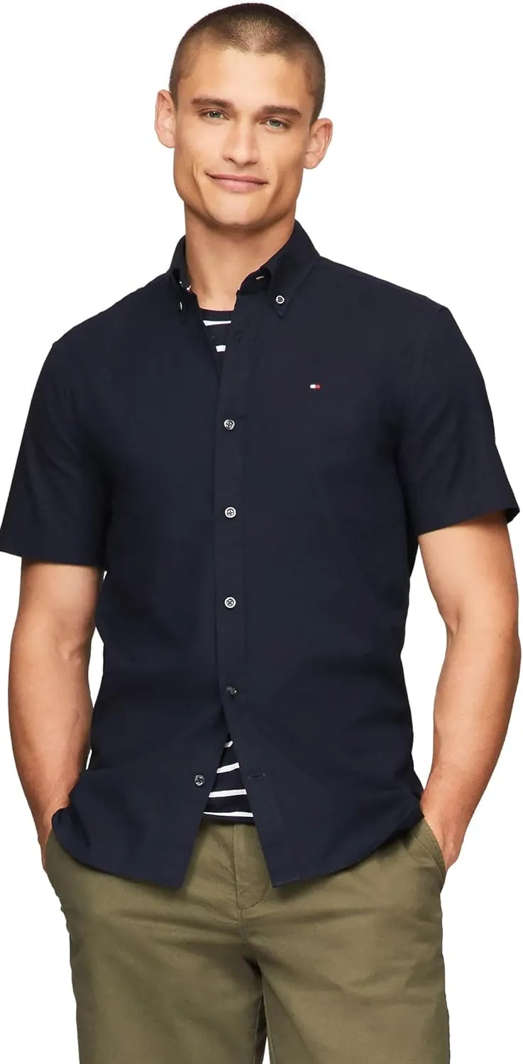 Tommy Hilfiger Men's Short Sleeve Regular Fit Stretch Oxford Shirt Collection 2024, Small, White