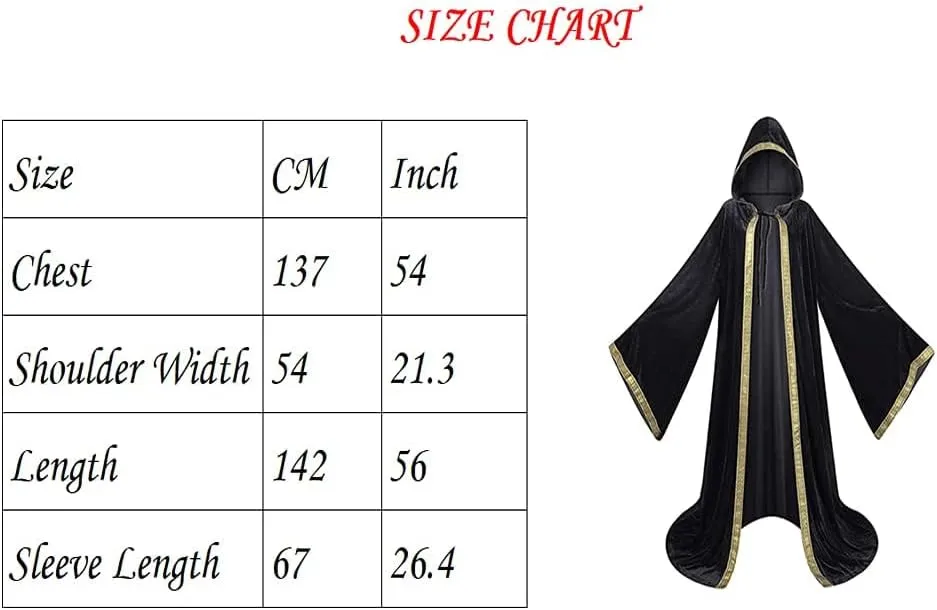 TOONRAIN Velvet Wizard Hooded Robe for Adult, Medieval Cape Renaissance Cloak for Men Women Halloween Costume