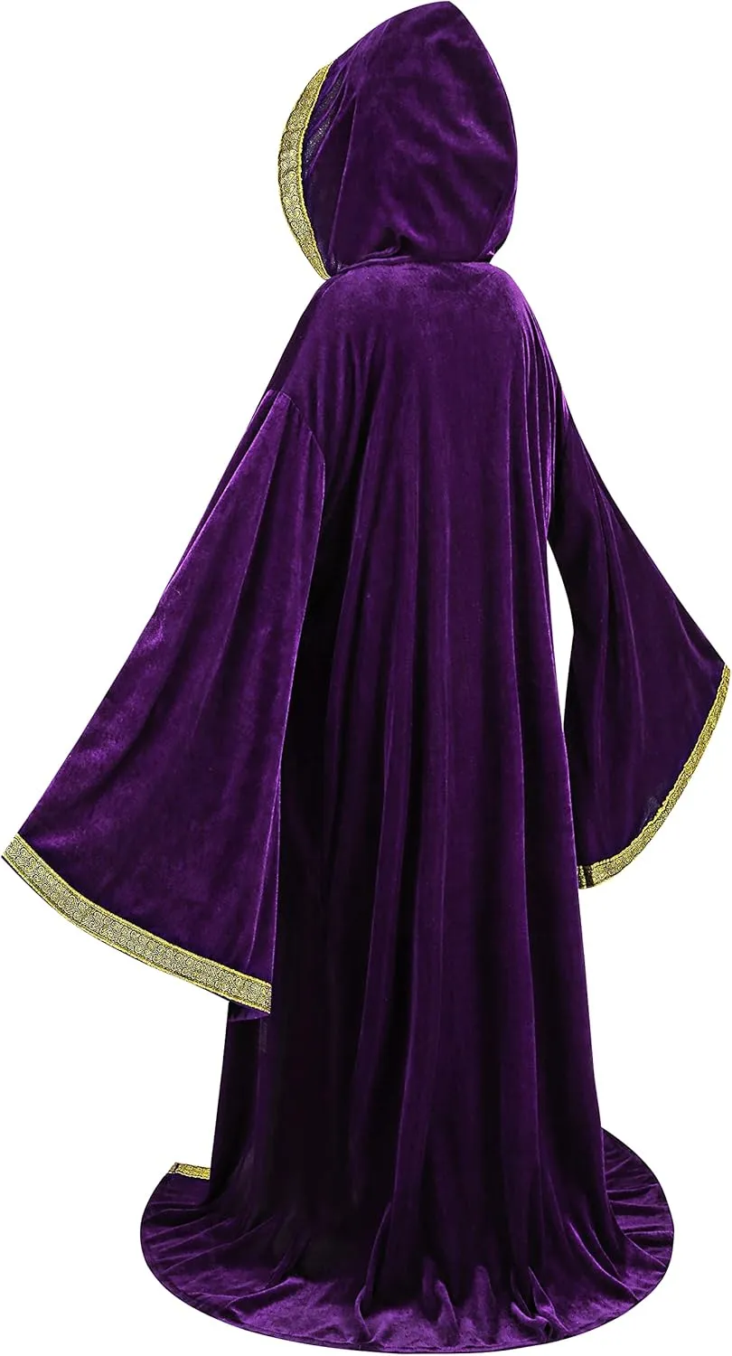 TOONRAIN Velvet Wizard Hooded Robe for Adult, Medieval Cape Renaissance Cloak for Men Women Halloween Costume
