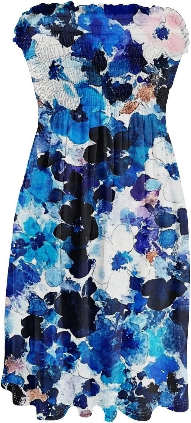 Tube Dresses for Women Summer Strapless Floral Print Ruffled Off The Shoulder Dresses Flowy Beach Swimsuit Cover Ups