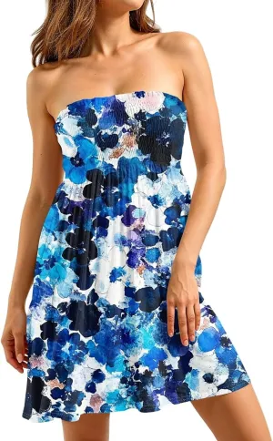 Tube Dresses for Women Summer Strapless Floral Print Ruffled Off The Shoulder Dresses Flowy Beach Swimsuit Cover Ups